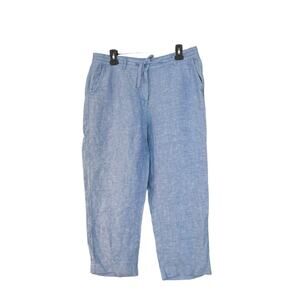 LL Bean Linen Pants Womans Size 12 Blue Tie Waist Natural Beachy Coastal Grandma
